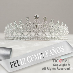 SET VINCHA Y BANDA FELIZ CUMPLEA�OS PIEDRAS Y STRASS PLATA (10548D) X 1